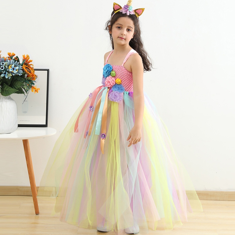 Dívky Mesh Princess Dress Pink Flower Party šaty s čelenkou