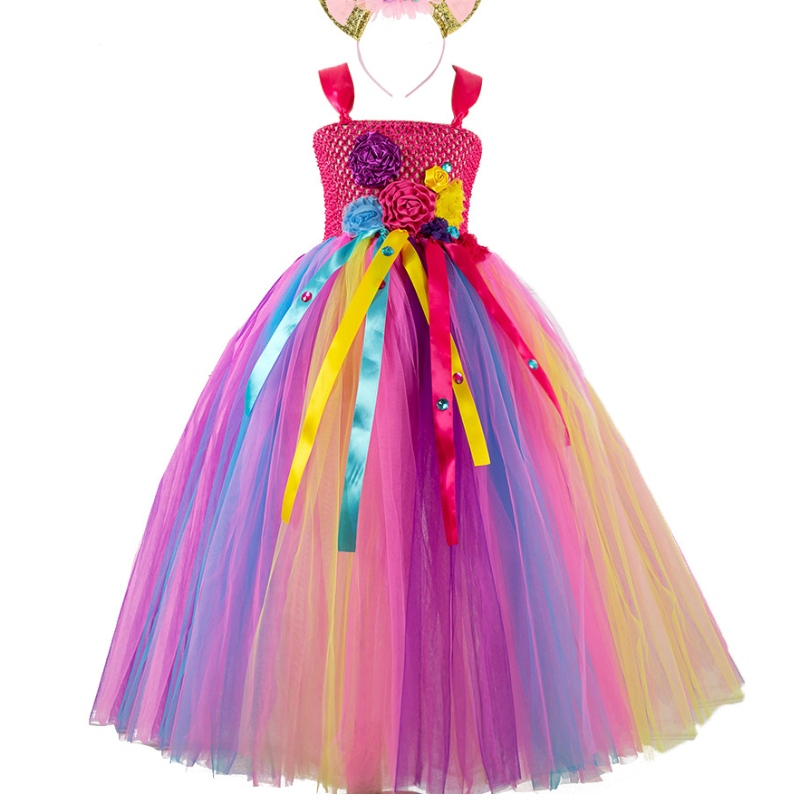 Dívky Mesh Princess Dress Pink Flower Party šaty s čelenkou