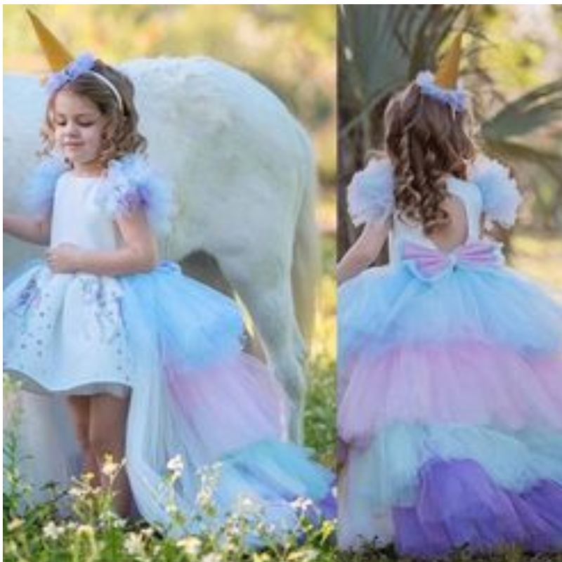 Jednorohorské party šaty pro dívky kostým Baby letní šaty děti Elegantní dívkanosí princezny šaty s dlouhým vlakem