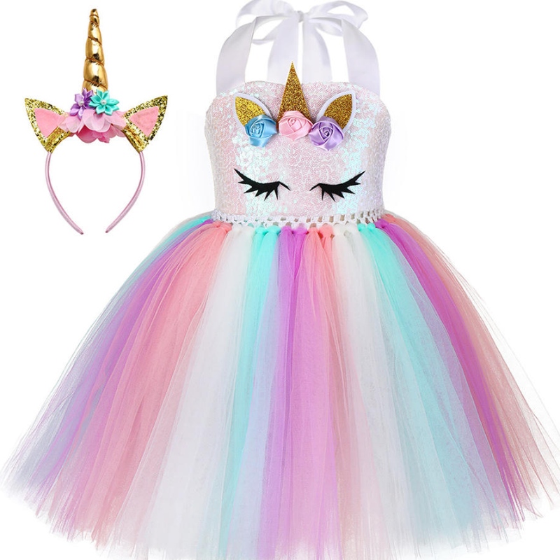 Kid Toddler Girl Birthday Ball Party Cosplay Cosplay Cosplaed LED Light Up Rainbow Unicorn Fluffy vrstvené tyle tul tutu šaty s čelním pásem