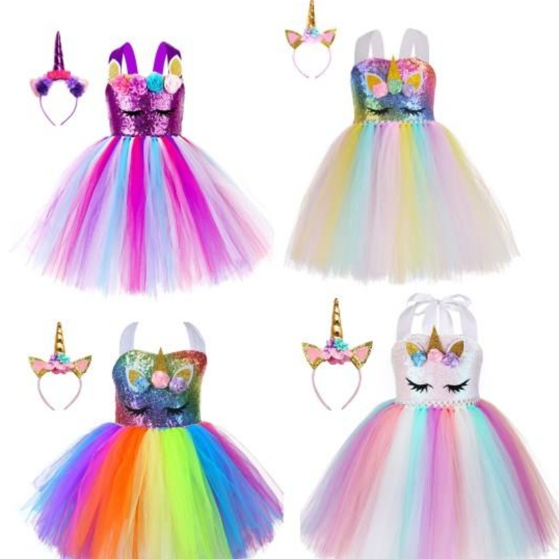 Kid Toddler Girl Birthday Ball Party Cosplay Cosplay Cosplaed LED Light Up Rainbow Unicorn Fluffy vrstvené tyle tul tutu šaty s čelním pásem