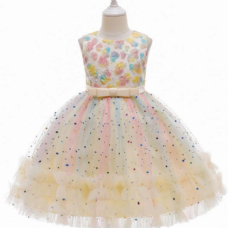 Baige Nový příjezd Kids Dresses Lesklé vrstvené princezna 3-10 let květinové dívky pro svatbu