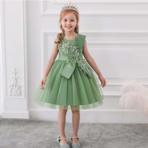 Baige Nový večerní párty plesové šaty Green Flower Girl Šaty Kids Fancy Princess Frock