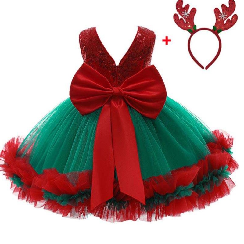 Baige Red Flicened Kids Christmas Birthday Večerní šaty Big Bow Carnival Bow Vestidos