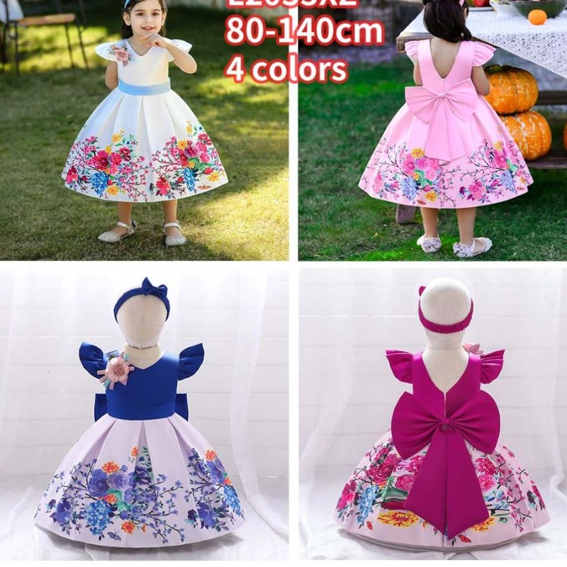 Baige Big Bow Christmas Flower Girl Party Princess šaty Baige Printed V-Back Birthday Ball šaty l2033xz