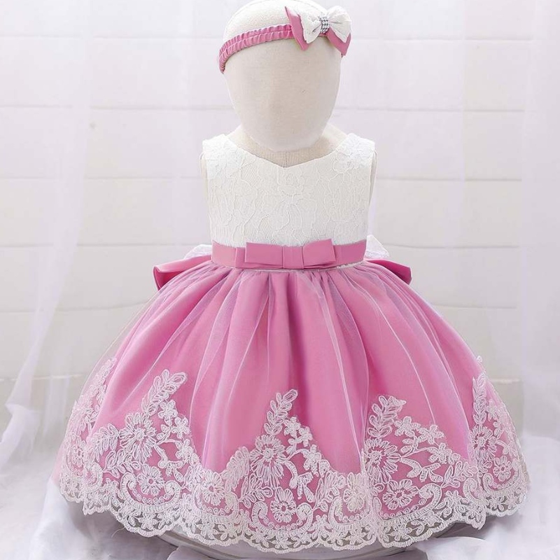 Baige Baby Girls Dress Designs krajkové květiny dívka malé děti oblečení Prvnínarozeninové párty šaty s čelenkou