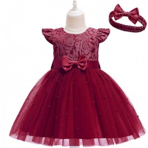 Baige Hot Sale Red Kids Clots Girls Dresses Party Narozeninové šaty s čelenkou D0761