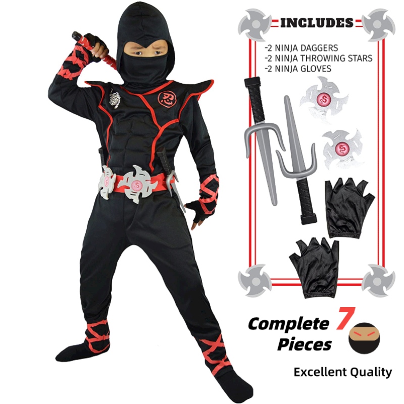 7 kusů unisex Child Ninja Deluxe kostým pro děti role Play Temesed Party Halloween ozdobný oblékání