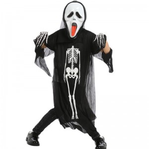 Velkoobchodní kostým Halloween cosplay Black Skeleton Cape Ghost kostým s maskou pro děti