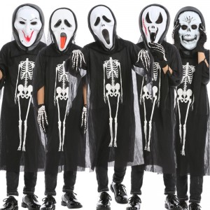 Velkoobchodní kostým Halloween cosplay Black Skeleton Cape Ghost kostým s maskou pro děti