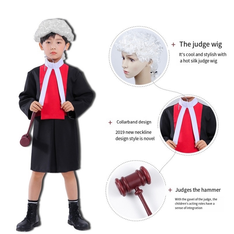 Kosty s dětským soudcem cosplay roucho s parukami Gravel Halloween Career Lawyer Kytící kostým