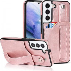Navrženo pro Samsung Galaxy S22 5G Case With snastavitelnýmnáramkovým popruhem Kickstand PU Kožená kreditní karta Hlavní rázová hybridní drsný ochranný kryt pro ženy 6,1 palce růžové