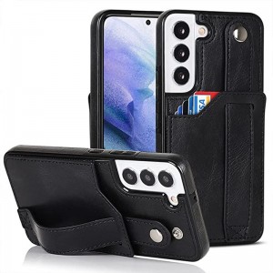 Navrženo pro Samsung Galaxy S22 5G Case With snastavitelnýmnáramkovým popruhem Kickstand PU Kožená kreditní karta Hlavní rázová hybridní drsný ochranný kryt pro ženy 6,1 palce růžové