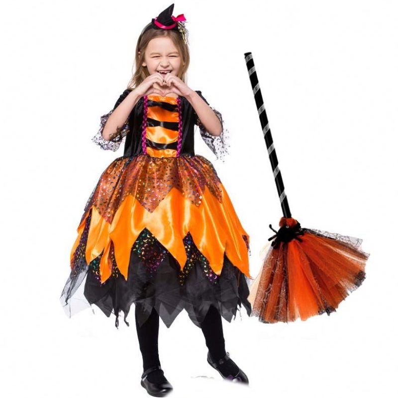 Halloween Fancy Party Dress Outfit Orange Kids Witch Clotch oblečení HCVM-018