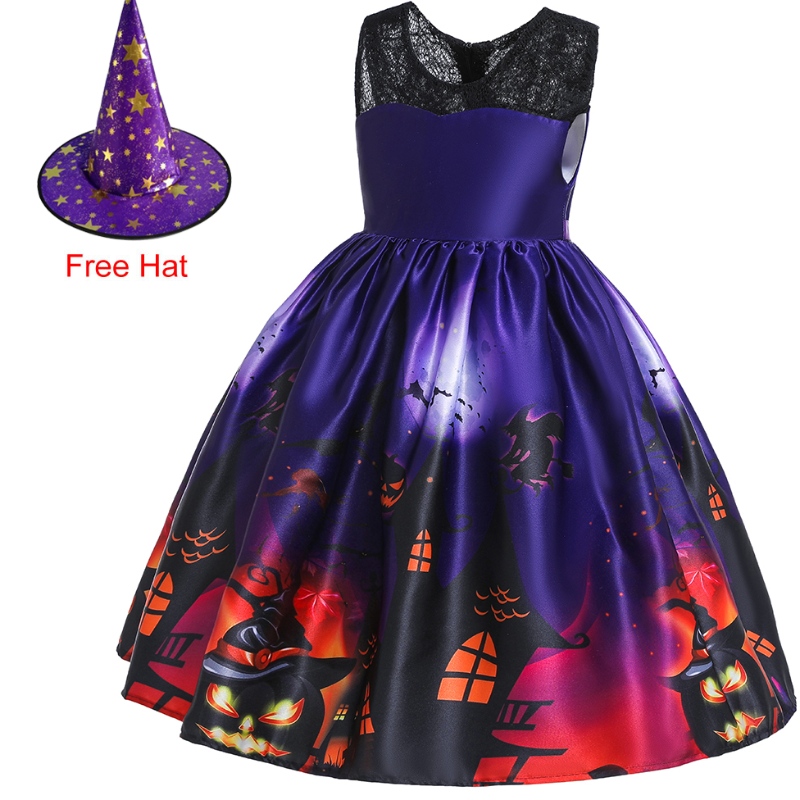 Děti \\ létající šaty s rukávem Halloween Princess Costume Ghost Print šaty s kloboukem