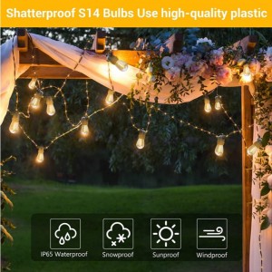 48ft Solar Outdoor RGB String Světla, stmívatelná terasa řetězec světla s 2 dálkovým ovládáním, sluneční strunná světla vodotěsná s 15 závěsnými žárovkami stmívatelnými pro zahradní bistro, párty