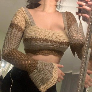 Ženy háčkování pletené svetr svetr čtvercový krk s dlouhým rukávem barevný blok svetrover plodiny Tops Tops Tops Backless Up Tees svetr