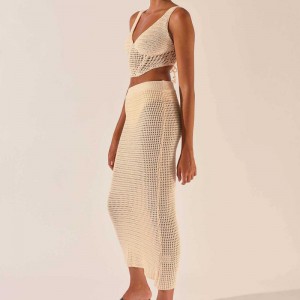 2023 NOVINKA Ženy \\\\ Oděv háčkování Hollow Pletení V-krk vesta bez rukávů Top Sexy Hip Sukně 2 kusové obleky svetr