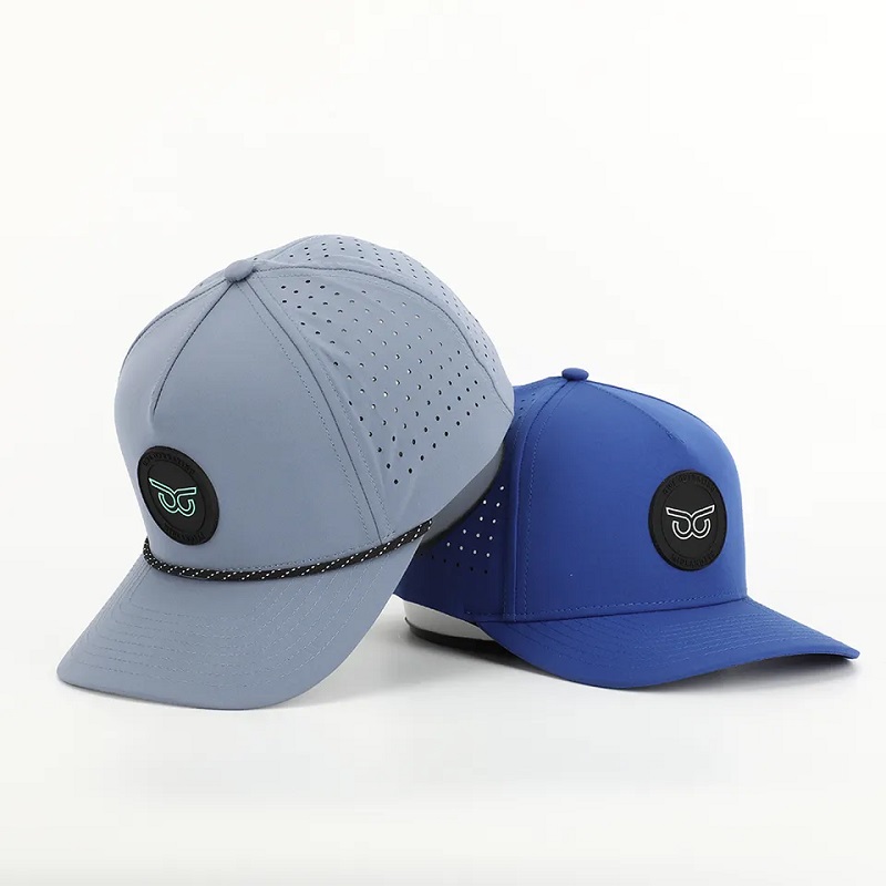 Nová módní vlastní PVC Patch Logo 5 Panel Neomovolný polyester sportovní golfový klobouk, laserový řezaný perforovaný táta Gorras, lano baseballový čepice