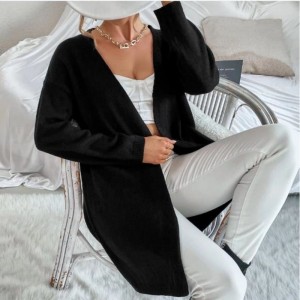 Podzimní ženský svetr kabát volný černý den denně dlouhý pletený svetr