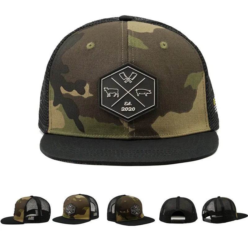 Velkoobchod přizpůsobený hip hop camo snapback mesh empoidered logo logo Vlastní 6 panel plochý okraj kapitáne a klobouk