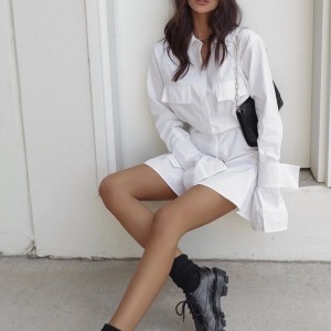 Francouzské bílé šaty s pasu a manžetami a dlouhými kartami pro ženy 2023 Nový design pas a pevná barva s dlouhým rukávem