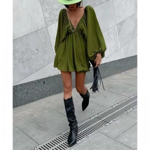 Retro design příležitostná vítr vítr v krku V plné barvy halenka podzimnínový lucern rukáv vysoký pasový temperament šaty ženy