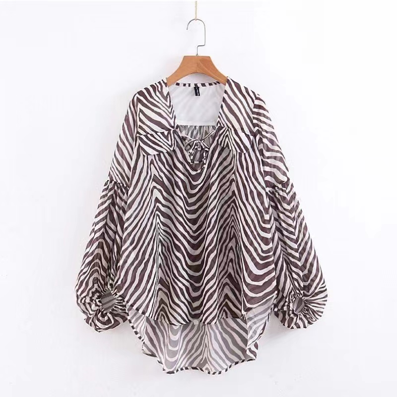 2023 Nová ženská móda All-Match Slim Stim Striped Spinning Printed s dlouhým rukávemna vázání košile