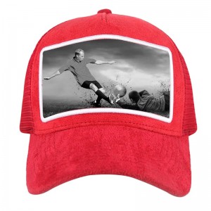 Velkoobchod vysoce kvalitní síťová síť Custom Velvet Trucker Cap 5 Panels Custom Applique Patch Empoidery Black samet Trucker Hat Hat