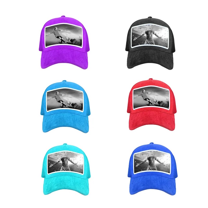 Velkoobchod vysoce kvalitní síťová síť Custom Velvet Trucker Cap 5 Panels Custom Applique Patch Empoidery Black samet Trucker Hat Hat