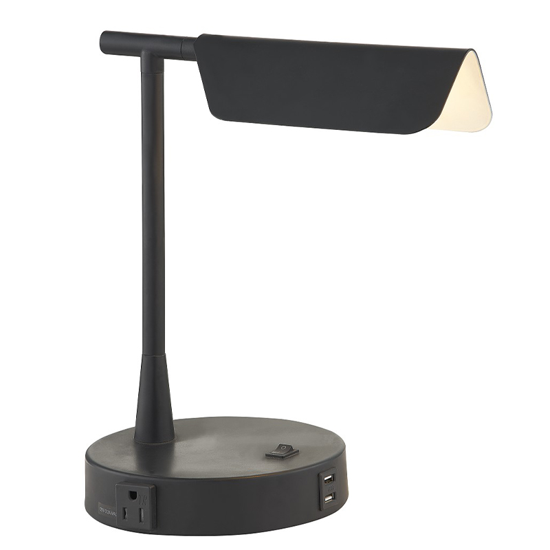 Matte Black Desk Light s přepínačem rockerů On NOFF, pohodlným vývodem anabíjecím přístavem USB v hotelovém pokoji