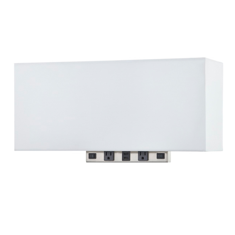 Eagles Landing Hotel Rectangular Wall Lamp s kartáčovanýmniklem povrchem, dvěmana rockerových přepínačích, dva pohodlné vývody a duální port USB v hotelovém pokoji