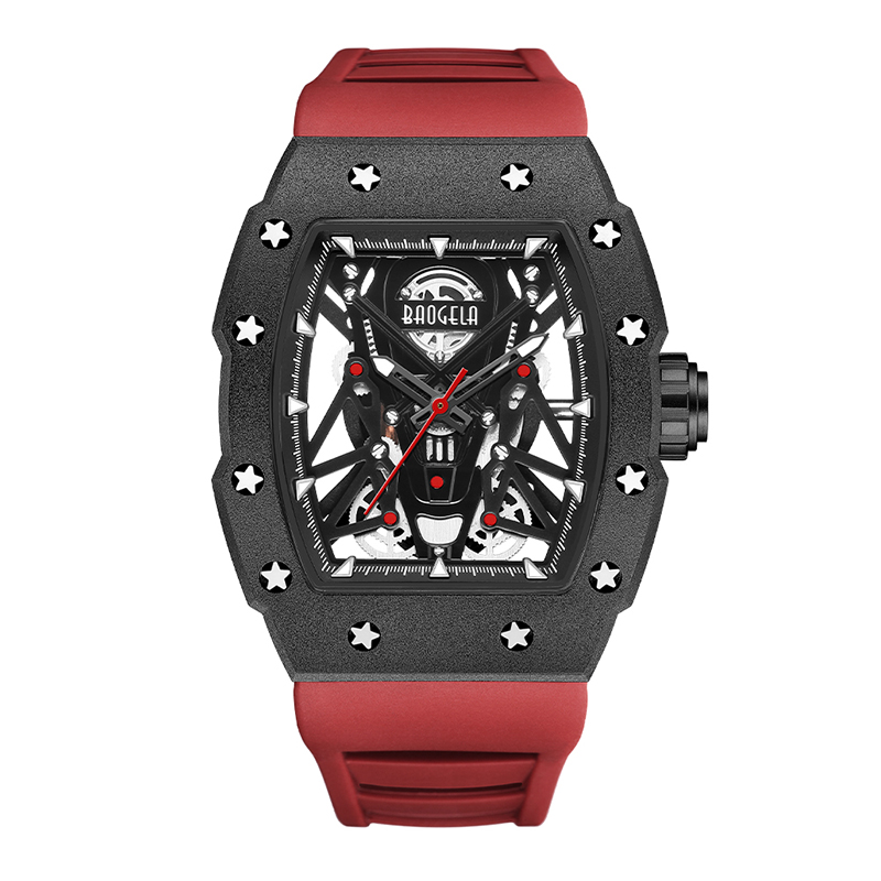Baogela Silver Black Sport Quartz Watch for Men Tonneau Dial Analog Waterproof Wristwatch se silikonovými popruh světelnými rukama 4145
