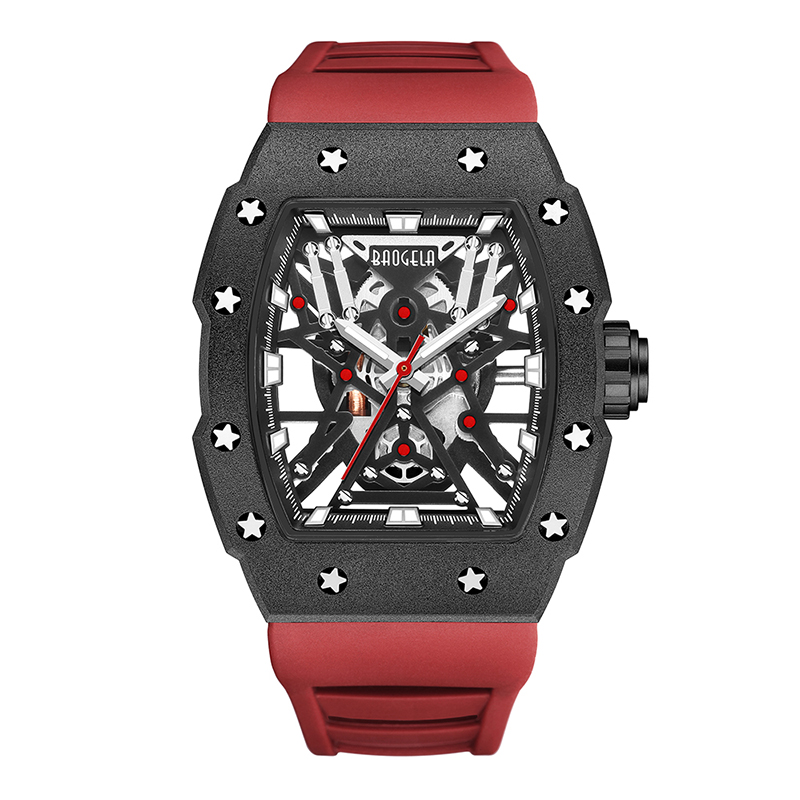 Baogela Top Brand Dominant Tonneau Mechanický průmyslový styl Světelná vodotěsná sportovní hodinky Steel Silicone Watch 4147