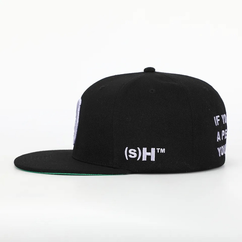 Vlastní 6 panel Black Akryl Uzavřený zad flex fit Gorras CAP HAT 3D EMPOIDERY Logo Green Underbrim Hip Hop Snapback Cap