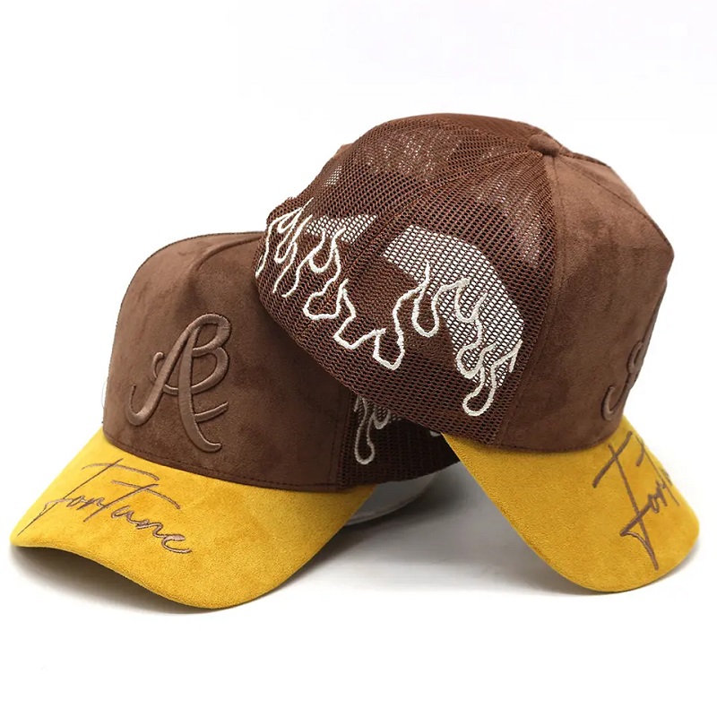 Továrna vlastní semišový trucker klobouk logo logo Brim Fair Mesh Trucker Hats