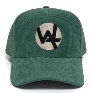 Na zakázku Made Made Direct Factory 5 Panel Baseball Cap Green Corduroy klobouk s 3D Puff Emboidery Logo Cotton Sweat Band Winter Caps