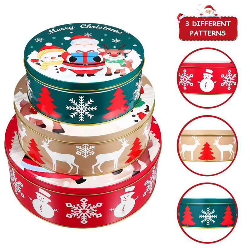 Vánoční dárková krabička Třídílná kulatá krabička Balení cookie Box vánoční plechovka Výrobce vlastní cínové box