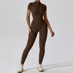 SC1075 One Piece Workout Jóga kombinézy Solidní krátký rukáv Half Zip Gym Romper Bodysuit