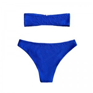Modrý vzorec Speciální tkanina bez ramínek Top U-Button Split Swimsuit