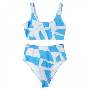 Modrá a bílá geometrická vesta Plná barva široký popruh Split Swimsuit
