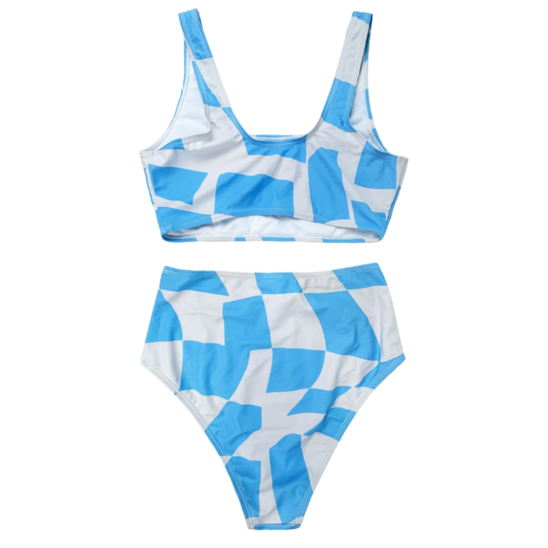 Modrá a bílá geometrická vesta Plná barva široký popruh Split Swimsuit