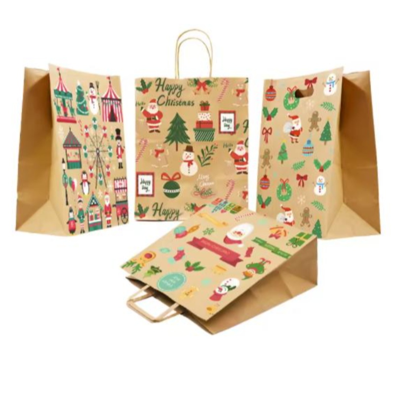 Vánoční papírové sáčky hnědé s kroucenými držadly Přizpůsobené slavnostní dárkové tašky s vlastním odznakem Velkoobchodní papírové tašky
