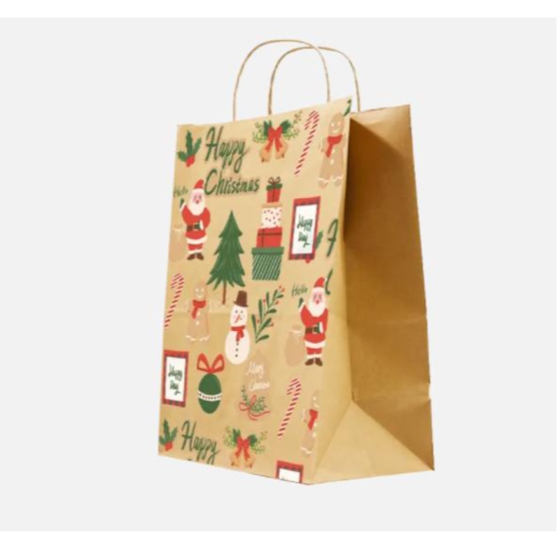 Vánoční papírové sáčky hnědé s kroucenými držadly Přizpůsobené slavnostní dárkové tašky s vlastním odznakem Velkoobchodní papírové tašky