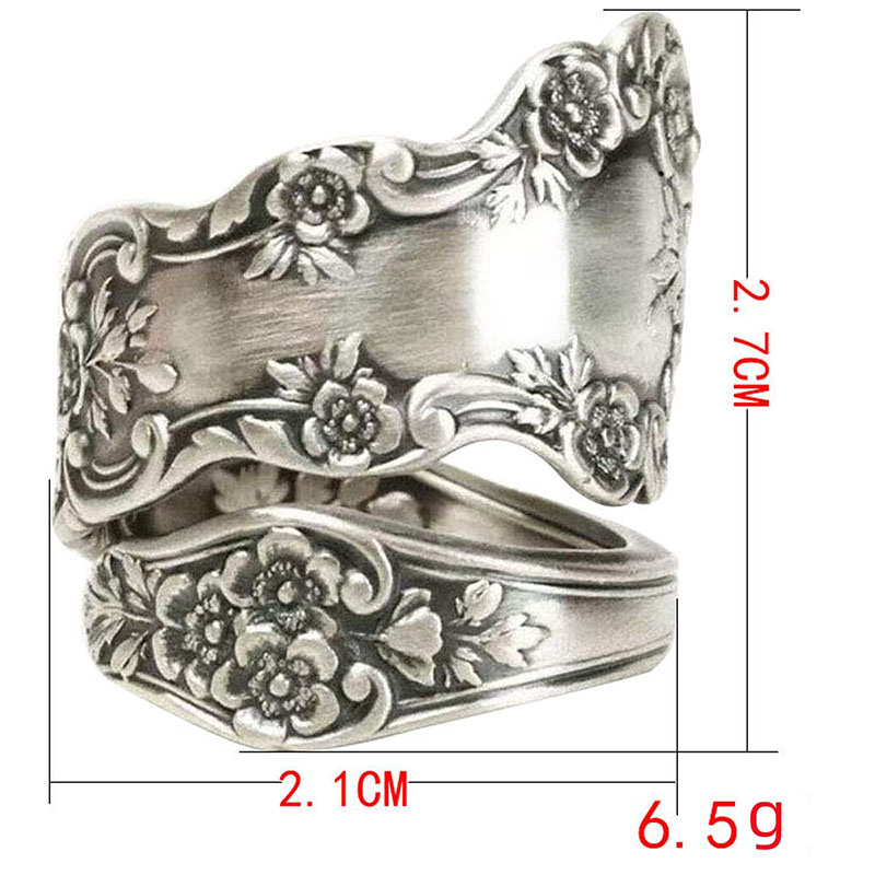 Hongde 925 Sterling Silver Oxidovaný kroužek se lžičkou Nastavitelný kroužek \„Jazyk vintage květin\