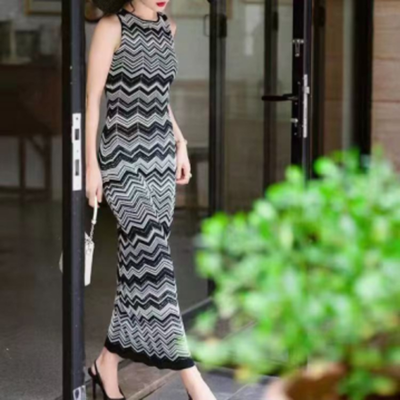 Letní pletený kulatý krk s dlouhým rukávem Intercolor Cardigan, V-Krkní rukávely dlouhé pletené pruhované šaty