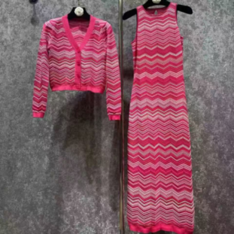 Letní pletený kulatý krk s dlouhým rukávem Intercolor Cardigan, V-Krkní rukávely dlouhé pletené pruhované šaty