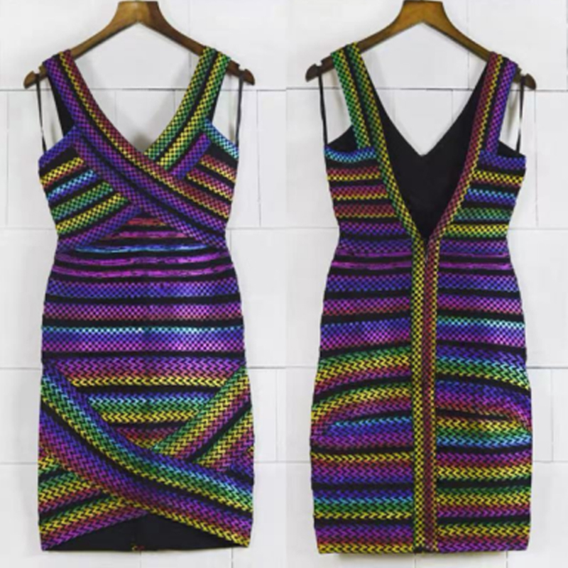 Summer v-Krk barevné pruhy gumové pásmo sestřih ohlávky těsné balíčky kyčelní šaty