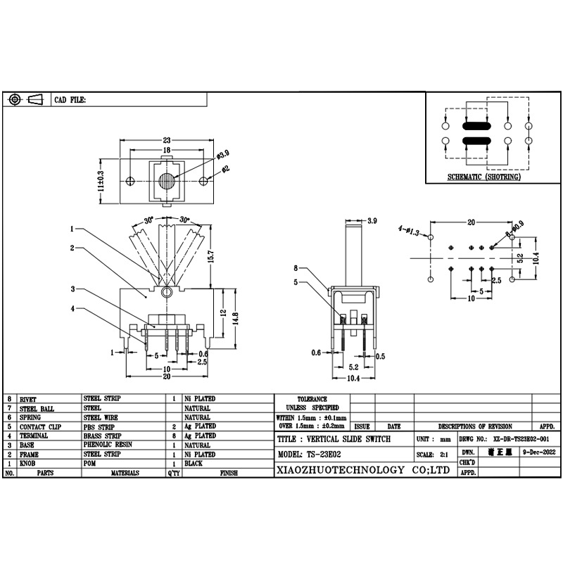 Snímek Slide TS23E02, dvojnásobek-Řádek 8-Pin Swing Switch, Noise-Zrušení sluchátek a reproduktorů