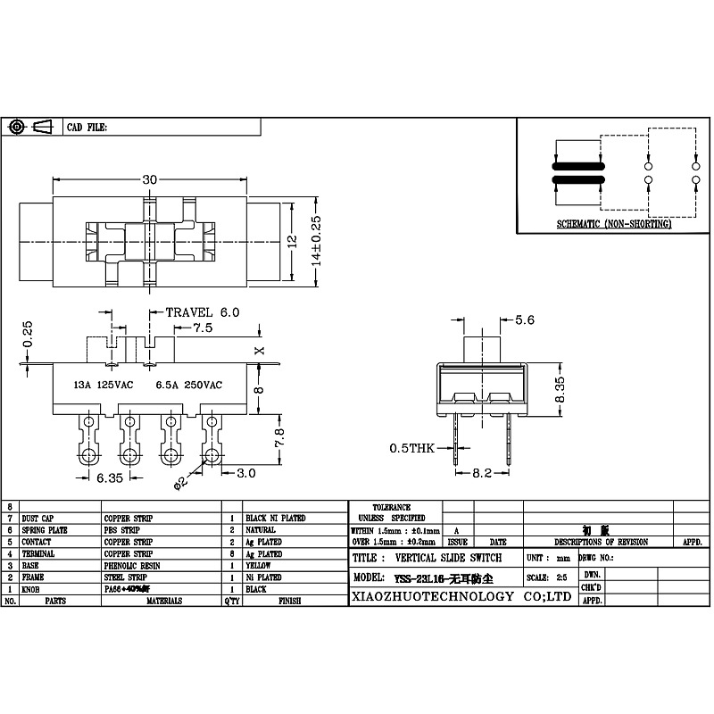 Slide Switch SS23L16, vysoký proud, tři-Pozice, dvojnásobek-Řádek, 8-Pin, Shredder spínač, svislý posuvný spínač pro mechanické vybavení